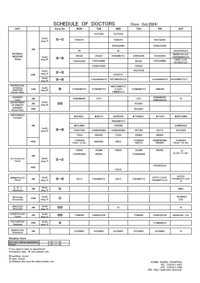 Schedule of Doctors